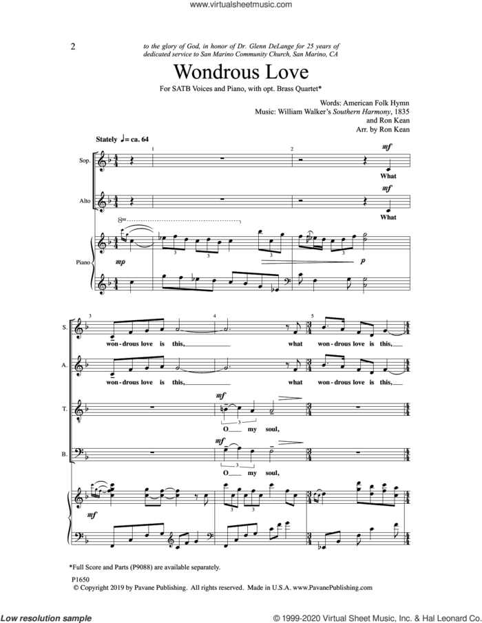 Wondrous Love sheet music for choir (SATB: soprano, alto, tenor, bass) by Ron Kean, intermediate skill level