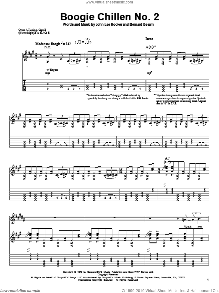 Boogie Chillen No. 2 sheet music for guitar (tablature, play-along) by John Lee Hooker and Bernard Besman, intermediate skill level