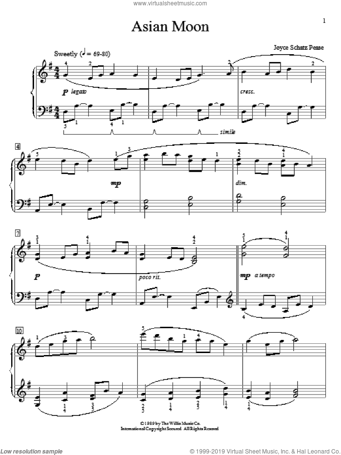 Asian Moon sheet music for piano solo (elementary) by Joyce Schatz Pease, beginner piano (elementary)