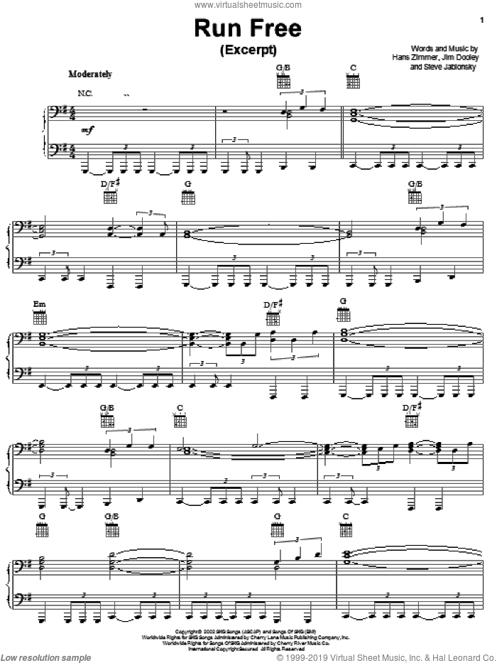 Run Free sheet music for voice, piano or guitar by Hans Zimmer, Spirit: Stallion Of The Cimarron (Movie), Jim Dooley and Steve Jablonsky, intermediate skill level