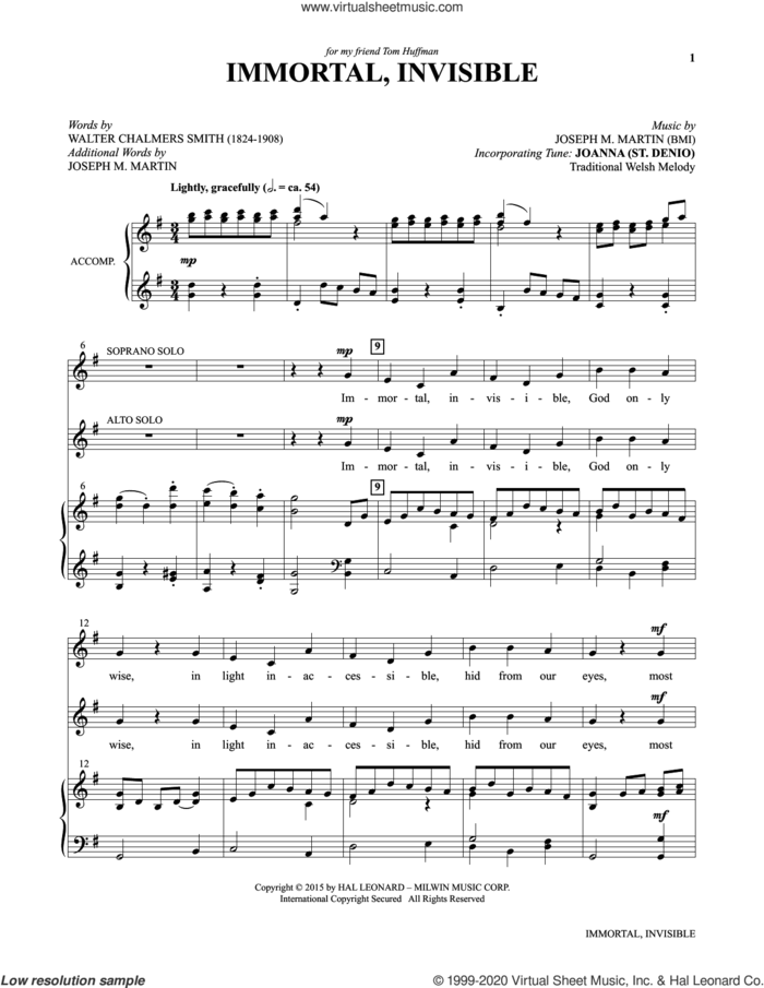 Immortal, Invisible (from Voices Together: Duets for Sanctuary Singers) sheet music for two voices and piano by Joseph M. Martin, Walter Chalmers Smith and Welsh Hymn Melody, intermediate skill level