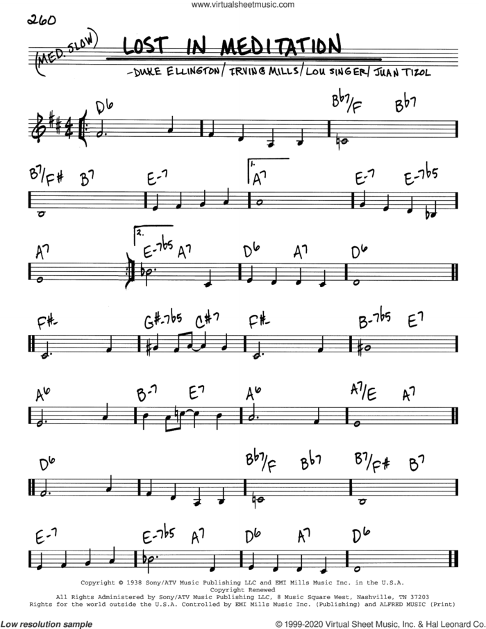 Lost In Meditation sheet music for voice and other instruments (real book) by Duke Ellington, Irving Mills, Juan Tizol and Lou Singer, intermediate skill level