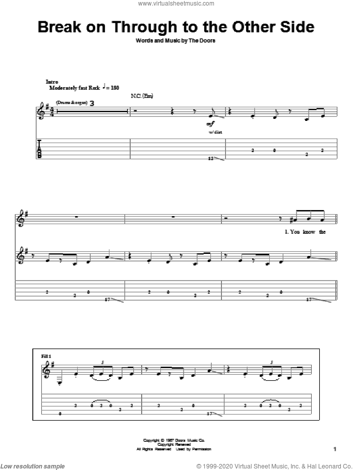 Break On Through To The Other Side sheet music for guitar (tablature, play-along) by The Doors, intermediate skill level