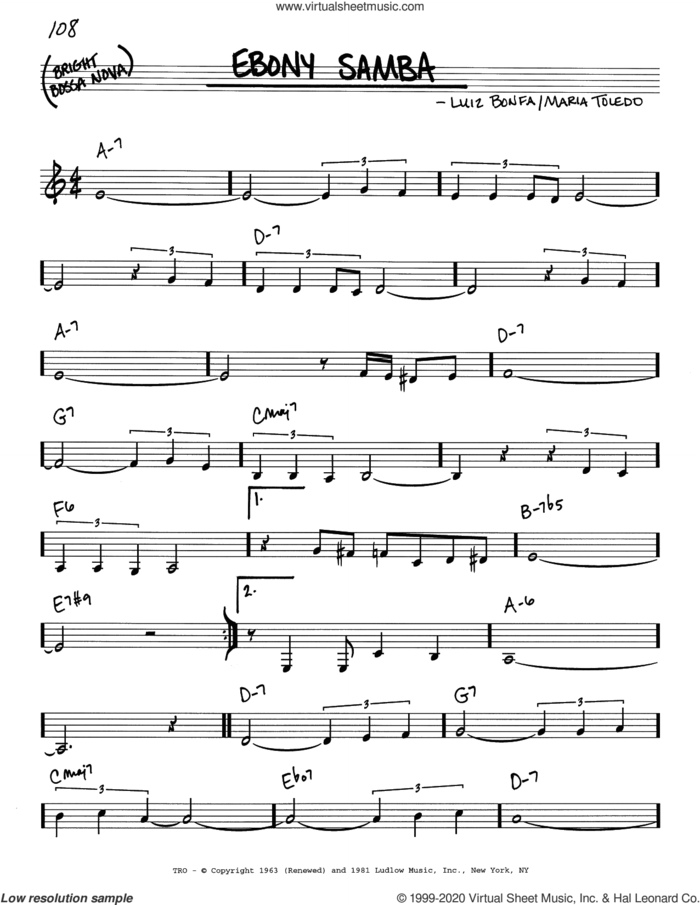 Ebony Samba (Sambanegro) sheet music for voice and other instruments (real book) by Stan Getz, Luiz Bonfa and Maria Toledo, intermediate skill level