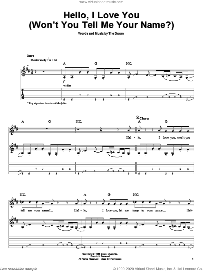 Hello, I Love You (Won't You Tell Me Your Name?) sheet music for guitar (tablature, play-along) by The Doors, intermediate skill level