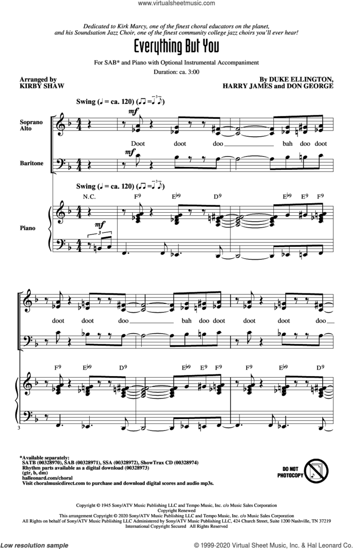 Everything But You (arr. Kirby Shaw) sheet music for choir (SAB: soprano, alto, bass) by Duke Ellington, Kirby Shaw, Don George and Harry James, intermediate skill level