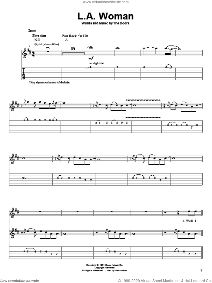 L.A. Woman sheet music for guitar (tablature, play-along) by The Doors and Billy Idol, intermediate skill level