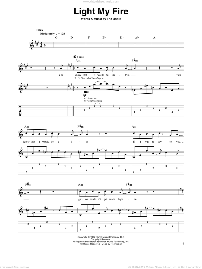 Light My Fire sheet music for guitar (tablature, play-along) by The Doors, intermediate skill level