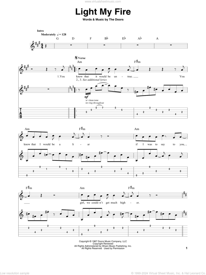 Light My Fire sheet music for guitar (tablature, play-along) by The Doors, intermediate skill level