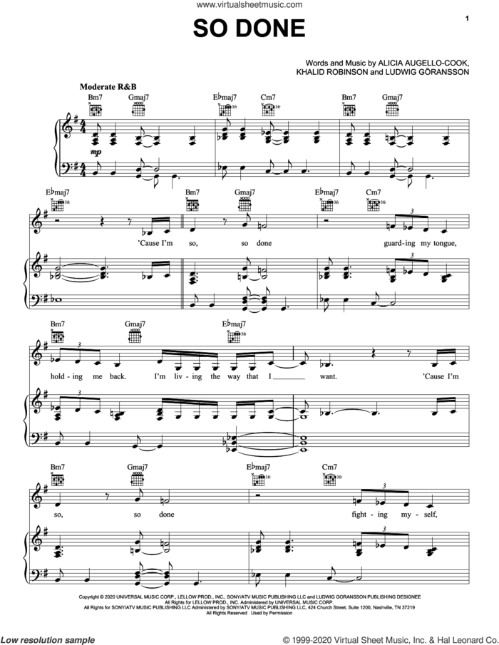 So Done (feat. Khalid) sheet music for voice, piano or guitar by Alicia Keys, Alicia Augello-Cook, Khalid Robinson and Ludwig Goransson, intermediate skill level