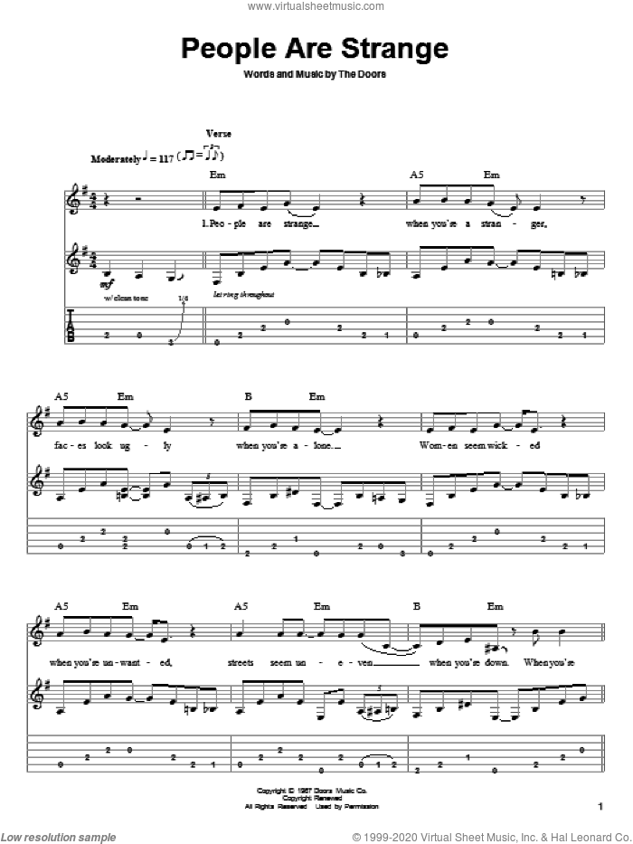 People Are Strange sheet music for guitar (tablature, play-along) by The Doors, intermediate skill level