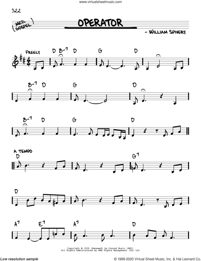Operator sheet music for voice and other instruments (real book) by Manhattan Transfer and William Spivery, intermediate skill level