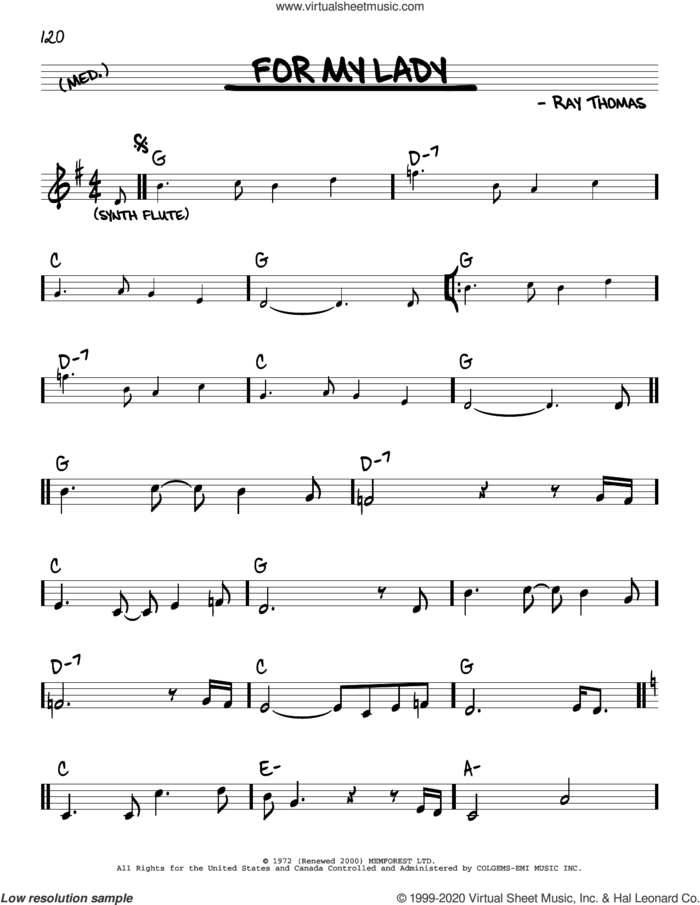 For My Lady sheet music for voice and other instruments (real book) by The Moody Blues and Ray Thomas, intermediate skill level