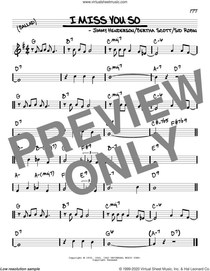 I Miss You So sheet music for voice and other instruments (real book) by Jimmy Henderson, Bertha Scott and Sid Robin, intermediate skill level