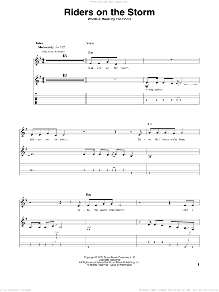 Riders On The Storm sheet music for guitar (tablature, play-along) by The Doors, intermediate skill level
