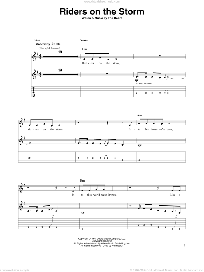 Riders On The Storm sheet music for guitar (tablature, play-along) by The Doors, intermediate skill level