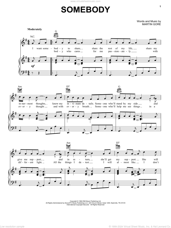 Somebody sheet music for voice, piano or guitar by Depeche Mode and Martin Gore, intermediate skill level