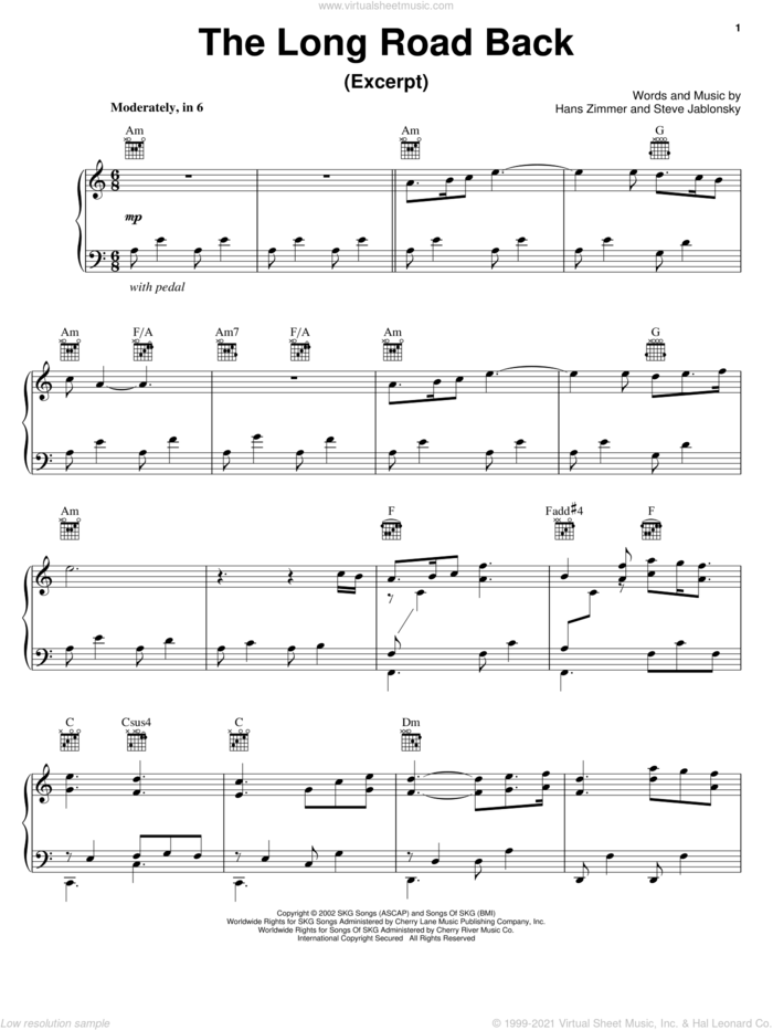 The Long Road Back sheet music for voice, piano or guitar by Hans Zimmer, Spirit: Stallion Of The Cimarron (Movie) and Steve Jablonsky, intermediate skill level