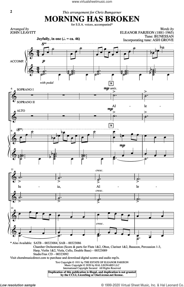 Morning Has Broken (New Edition) (arr. John Leavitt) sheet music for choir (SSA: soprano, alto) by Eleanor Farjeon, John Leavitt, Tune: ASH GROVE and Tune: BUNESSAN, intermediate skill level