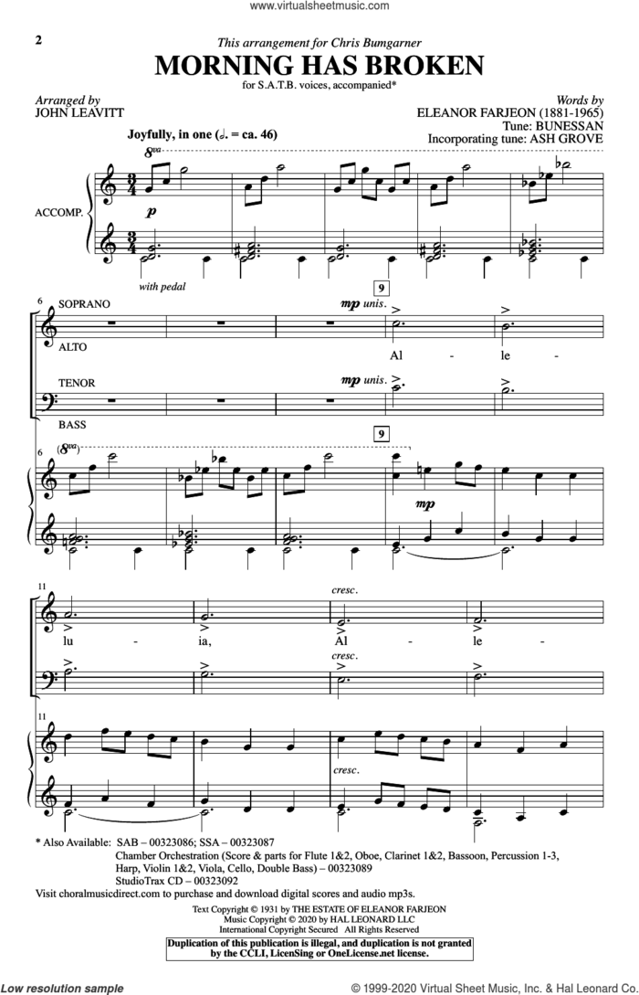 Morning Has Broken (New Edition) (arr. John Leavitt) sheet music for choir (SATB: soprano, alto, tenor, bass) by Eleanor Farjeon, John Leavitt, Tune: ASH GROVE and Tune: BUNESSAN, intermediate skill level