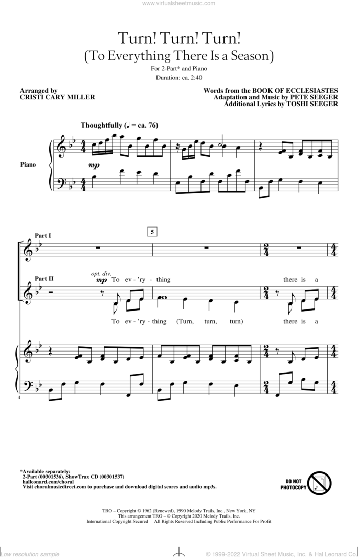 Turn! Turn! Turn! (To Everything There Is A Season) (arr. Cristi Cary Miller) sheet music for choir (2-Part) by The Byrds, Cristi Cary Miller, Book of Ecclesiastes and Pete Seeger, intermediate duet