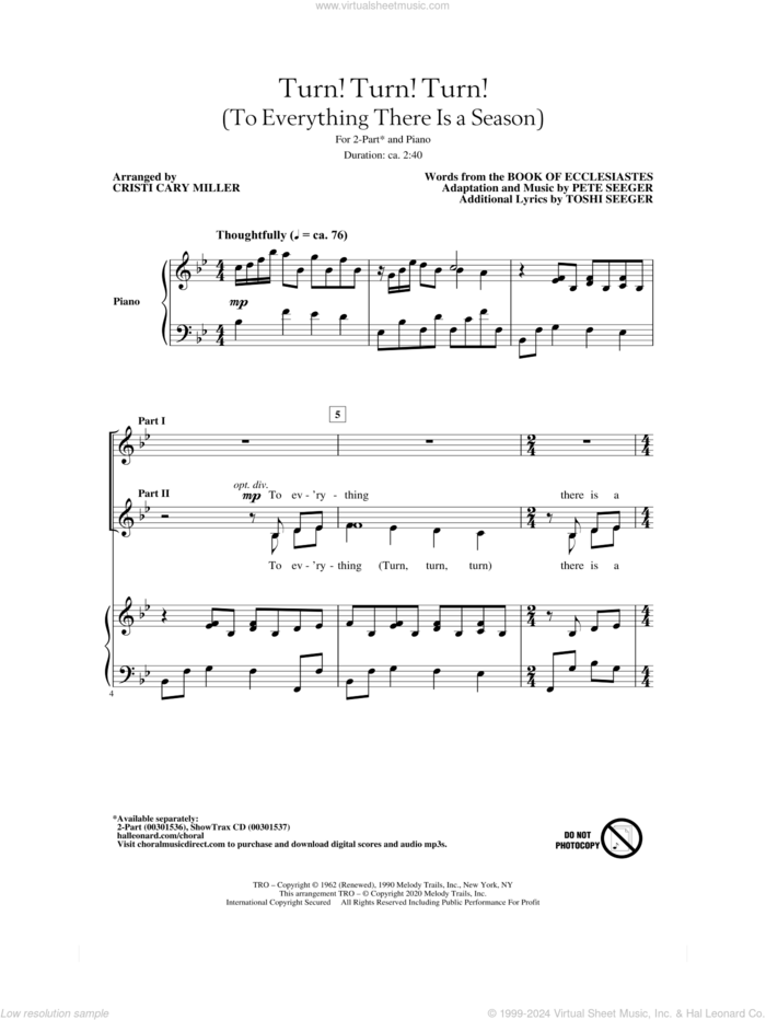 Turn! Turn! Turn! (To Everything There Is A Season) (arr. Cristi Cary Miller) sheet music for choir (2-Part) by The Byrds, Cristi Cary Miller, Book of Ecclesiastes and Pete Seeger, intermediate duet