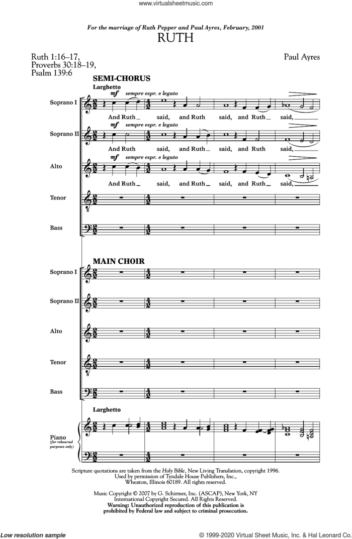 Ruth sheet music for choir (SSATB) by Paul Ayres, Craig Hella Johnson, Proverbs 30:18-19, Psalm 139:6 and Ruth 1:16-17, classical score, intermediate skill level