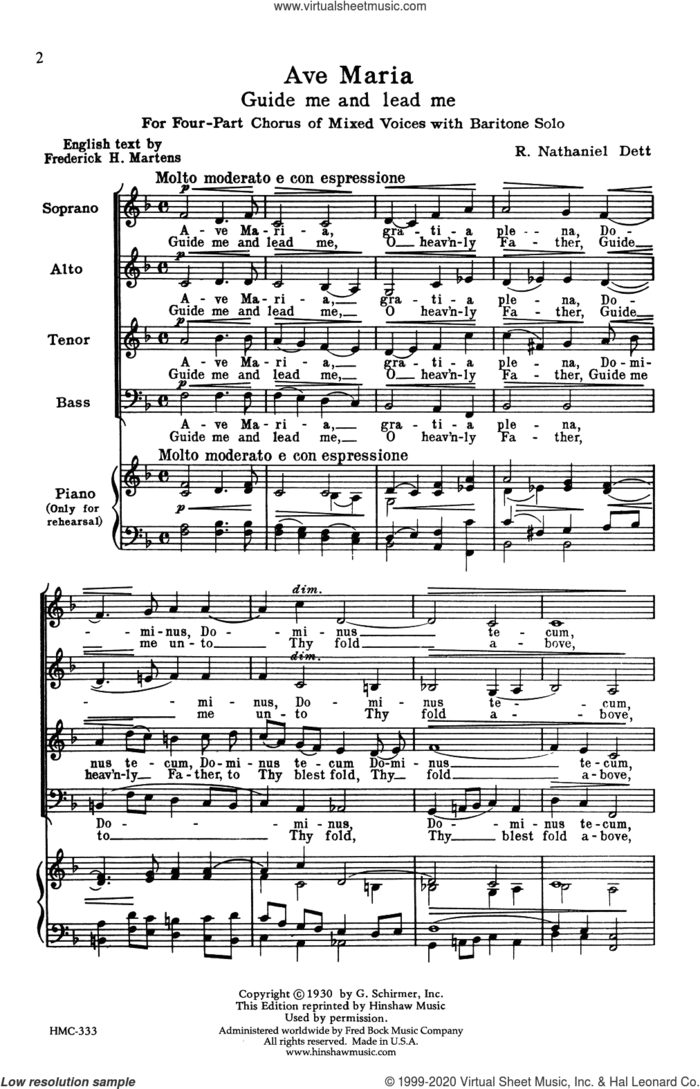 Ave Maria sheet music for choir (SATB: soprano, alto, tenor, bass) by Nathaniel Dett and Frederick H. Martens, classical score, intermediate skill level