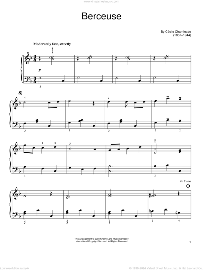 Berceuse sheet music for piano solo by Cecile Chaminade, classical score, easy skill level