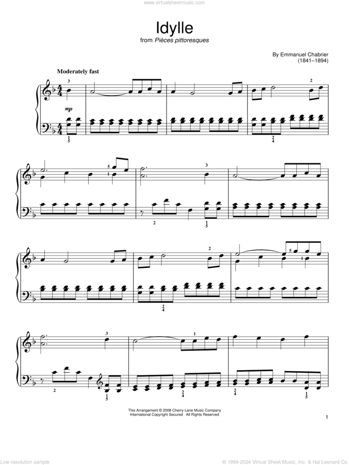 Idylle sheet music for piano solo by Emmanuel Chabrier, classical score, easy skill level