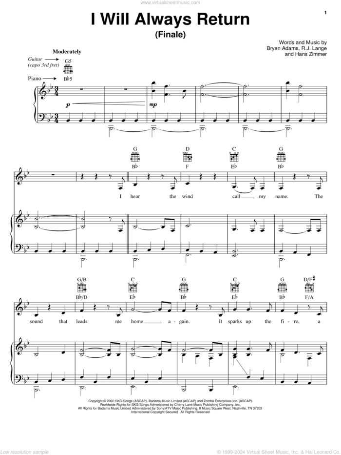 I Will Always Return (Finale) sheet music for voice, piano or guitar by Bryan Adams, Spirit: Stallion Of The Cimarron (Movie), Hans Zimmer and Robert John Lange, intermediate skill level