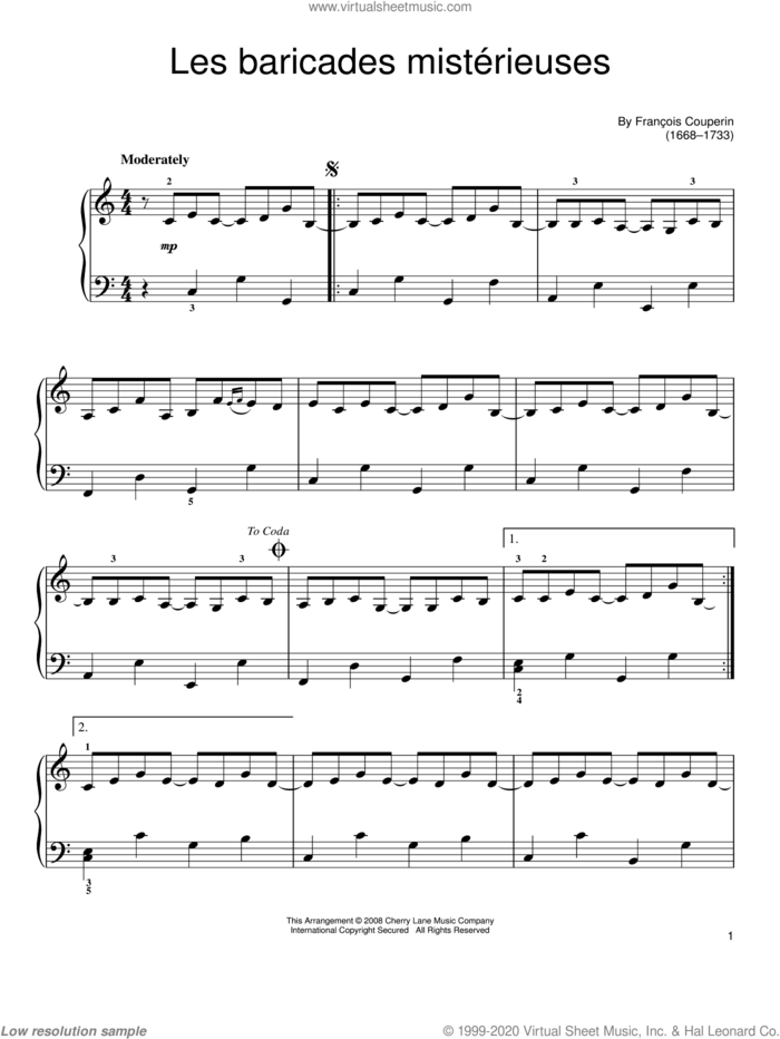 Les Baricades Misterieuses sheet music for piano solo by Francois Couperin, classical score, easy skill level