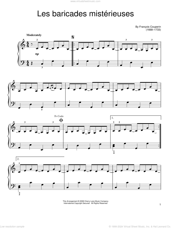 Les Baricades Misterieuses, (easy) sheet music for piano solo by Francois Couperin, classical score, easy skill level