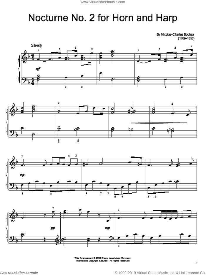 Nocture No. 2 for Horn and Harp sheet music for piano solo by Nicolas-Charles Bochsa, classical score, easy skill level