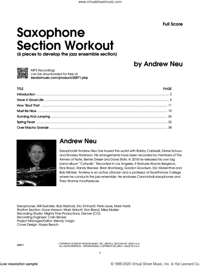 Saxophone Section Workout with MP3's (6 pieces to develop the jazz ensemble section) (COMPLETE) sheet music for saxophone ensemble by Andrew Neu, intermediate skill level