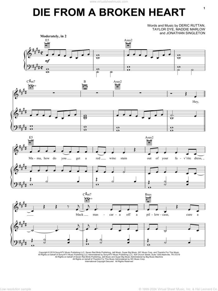 Die From A Broken Heart sheet music for voice, piano or guitar by Maddie & Tae, Deric Ruttan, Jonathan Singleton, Maddie Marlow and Taylor Dye, intermediate skill level
