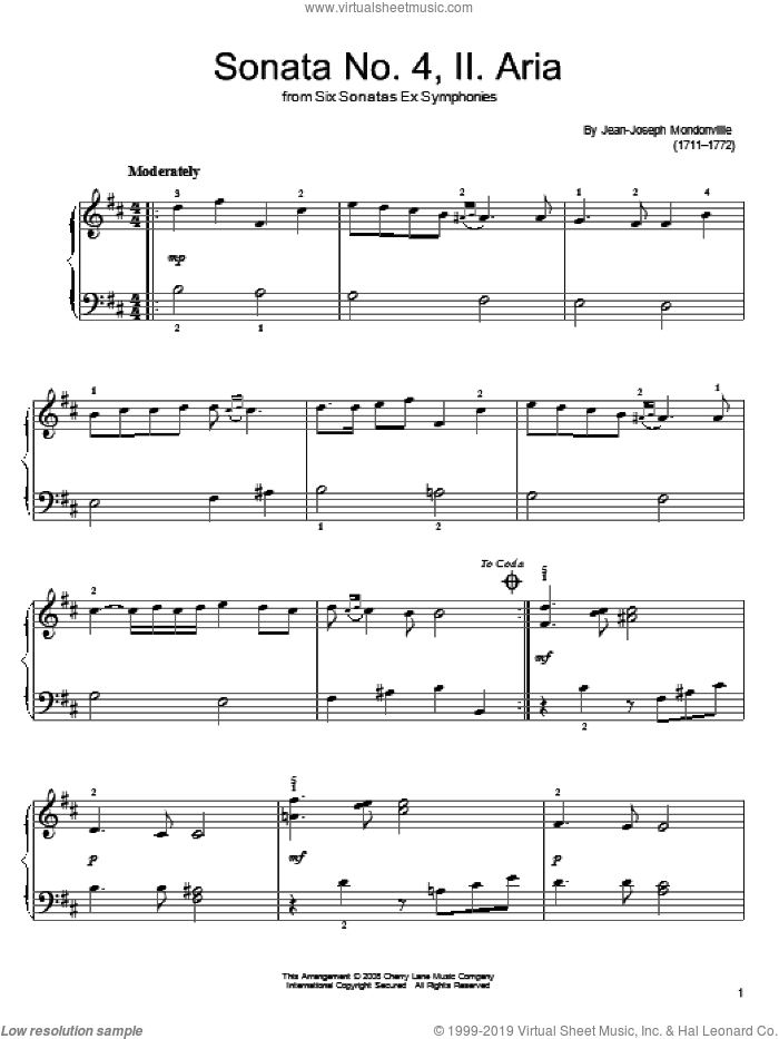 Sonata No. 4, II. Aria sheet music for piano solo by Jean-Joseph Mondonville, classical score, easy skill level