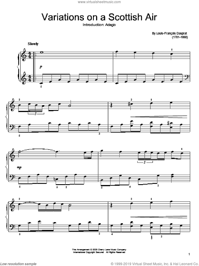 Variations On A Scottish Air Intro: Adagio sheet music for piano solo by Louis-Francois Dauprat, classical score, easy skill level