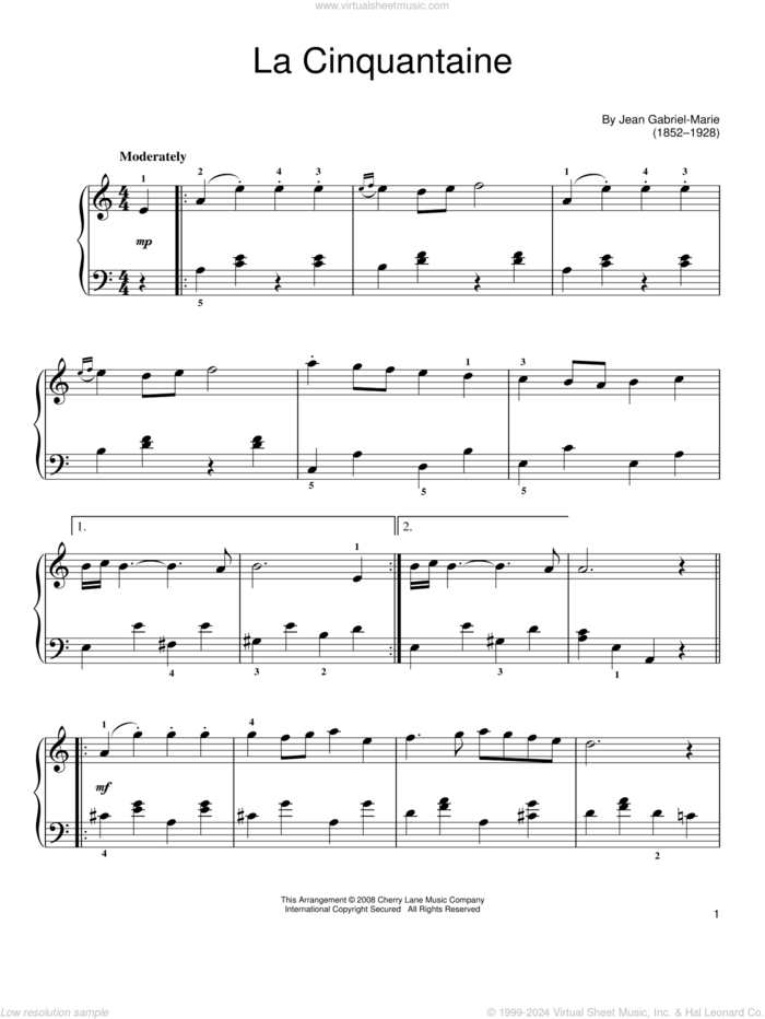 La Cinquantine (The Golden Wedding) sheet music for piano solo by Jean Gabriel-Marie, classical score, easy skill level