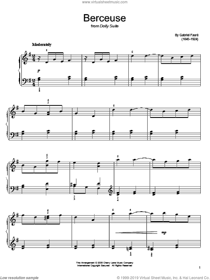 Berceuse, (easy) sheet music for piano solo by Gabriel Faure, classical score, easy skill level