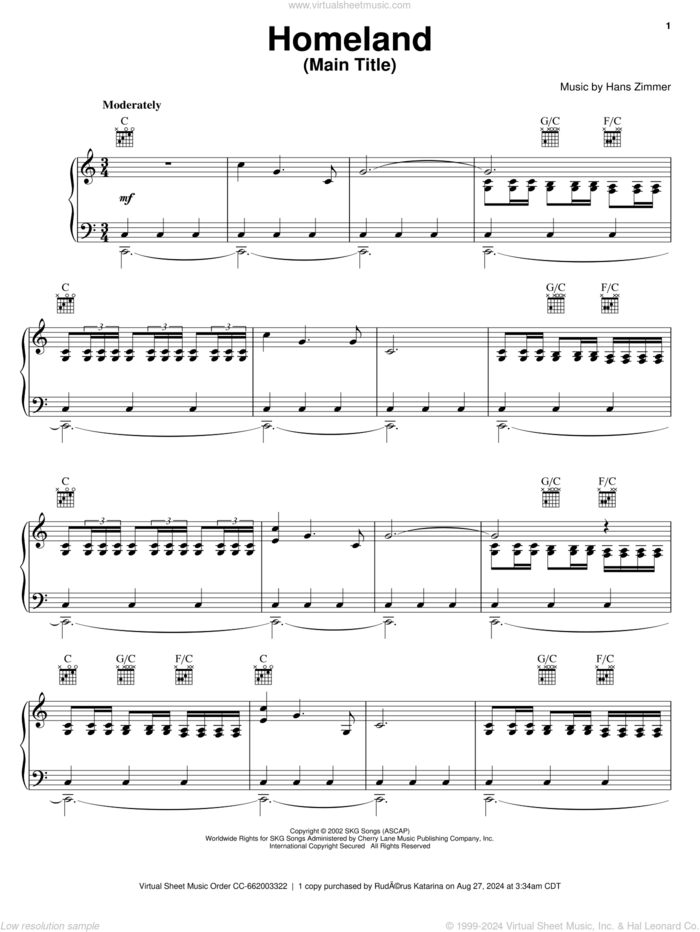 Homeland (Main Title) sheet music for voice, piano or guitar by Hans Zimmer and Spirit: Stallion Of The Cimarron (Movie), intermediate skill level