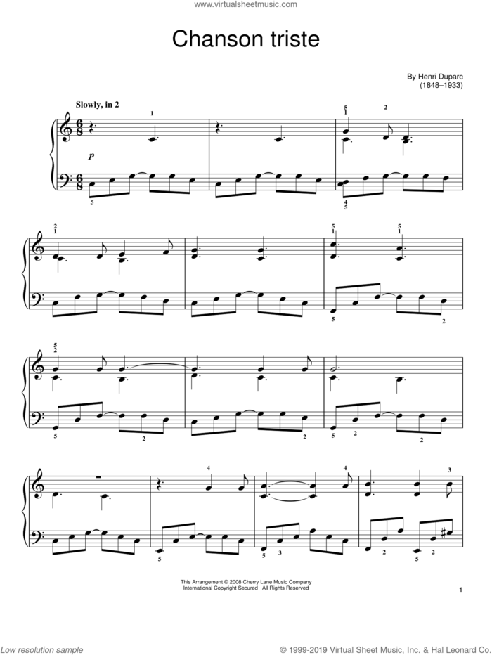 Chanson Triste sheet music for piano solo by Henri Duparc, classical score, easy skill level