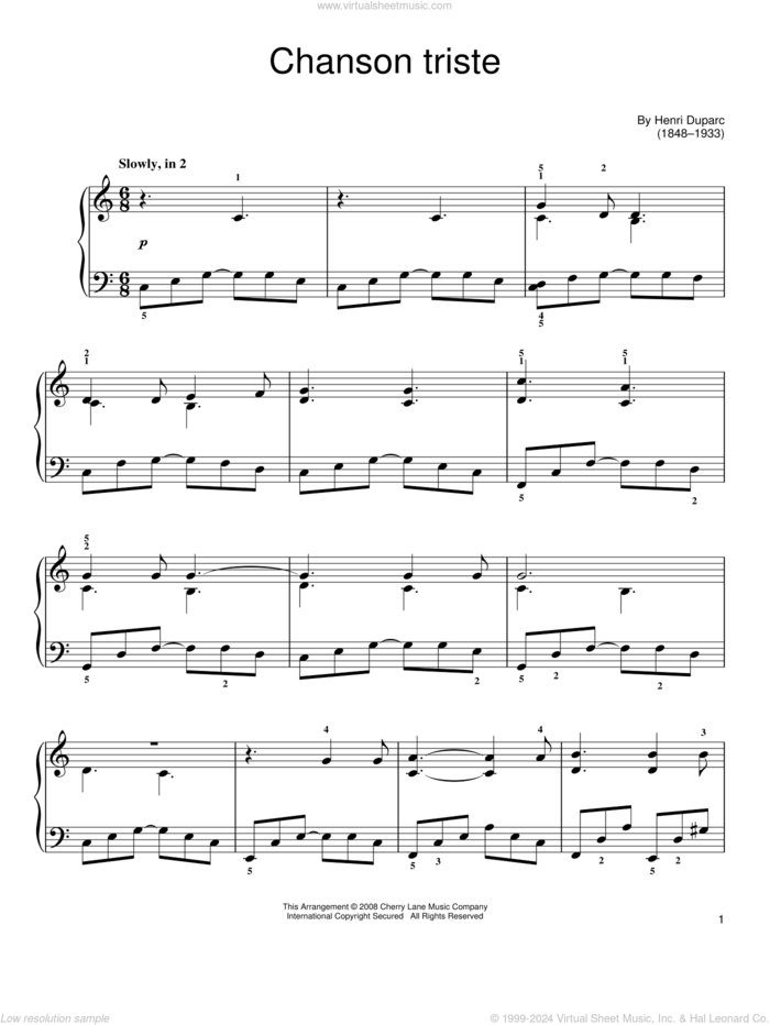 Chanson Triste sheet music for piano solo by Henri Duparc, classical score, easy skill level