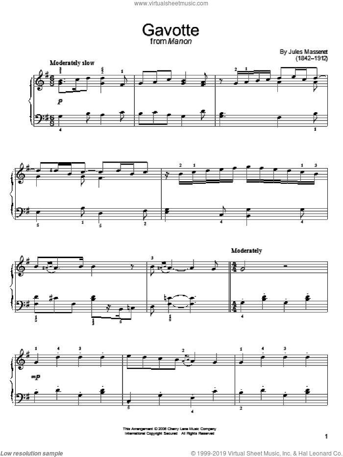 Gavotte, (easy) sheet music for piano solo by Jules Massenet, classical score, easy skill level