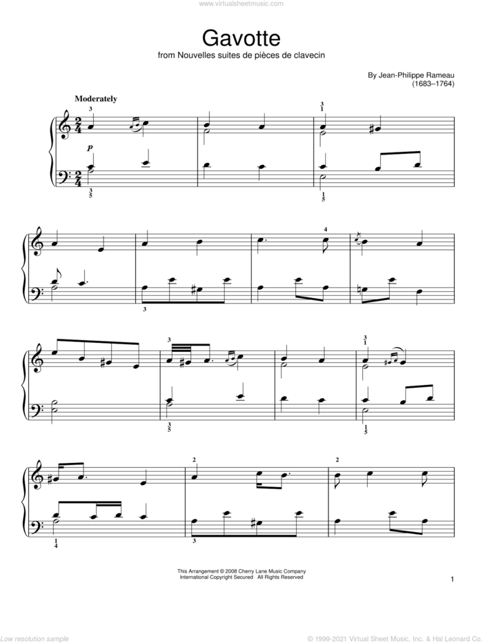 Gavotte sheet music for piano solo by Jean-Philippe Rameau, classical score, easy skill level