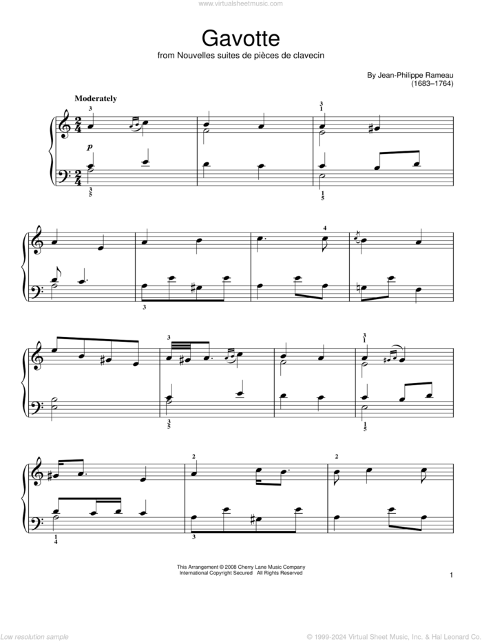 Gavotte sheet music for piano solo by Jean-Philippe Rameau, classical score, easy skill level