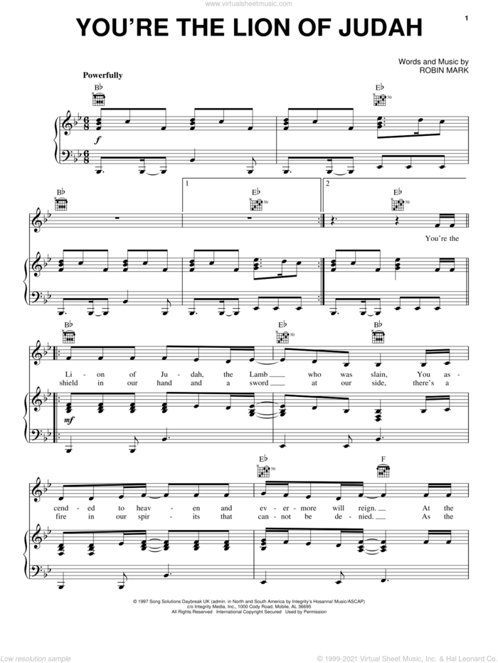 You're The Lion Of Judah sheet music for voice, piano or guitar by Robin Mark, intermediate skill level