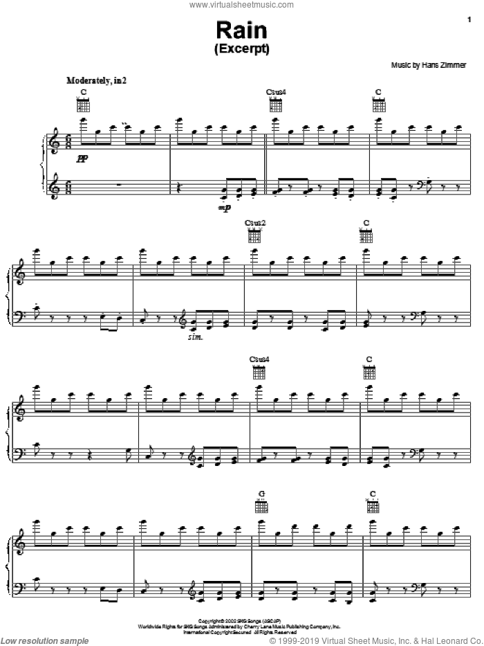 Rain sheet music for voice, piano or guitar by Hans Zimmer and Spirit: Stallion Of The Cimarron (Movie), intermediate skill level