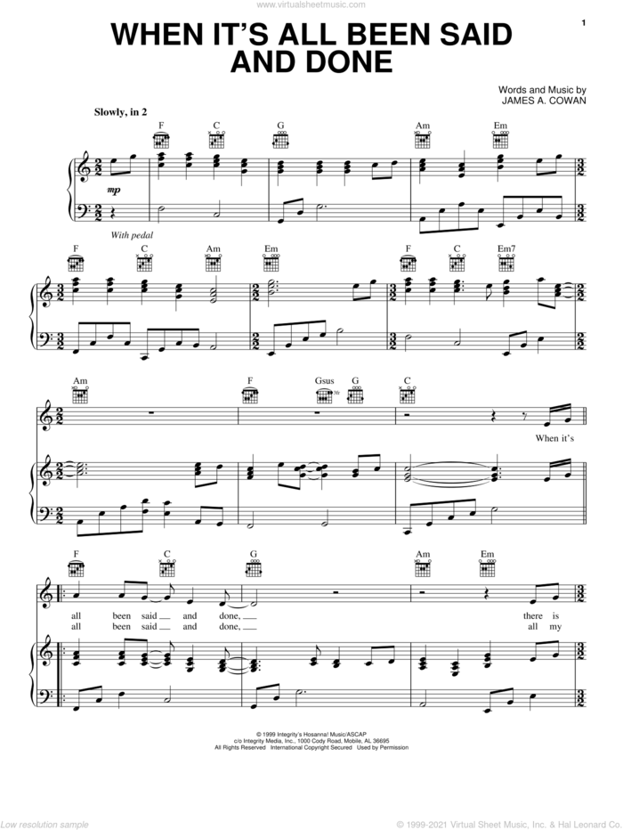 When It's All Been Said And Done sheet music for voice, piano or guitar by Robin Mark and James A. Cowan, intermediate skill level