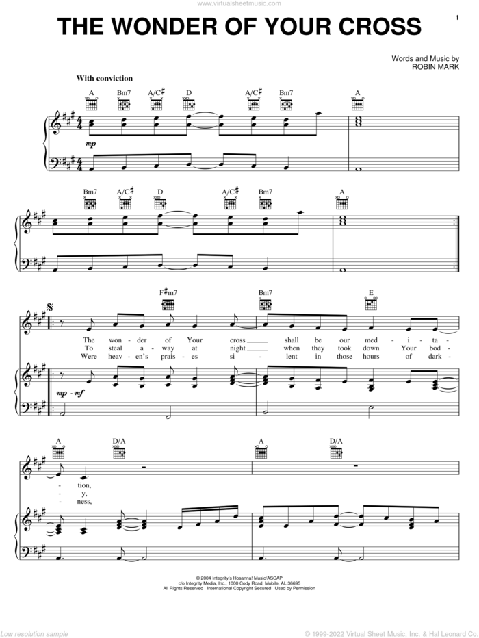 The Wonder Of Your Cross sheet music for voice, piano or guitar by Robin Mark, intermediate skill level